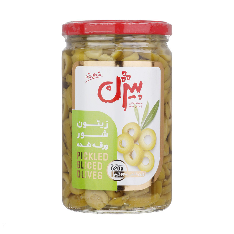 کنسرو زیتون شور ورقه شده بیژن 620 گرم