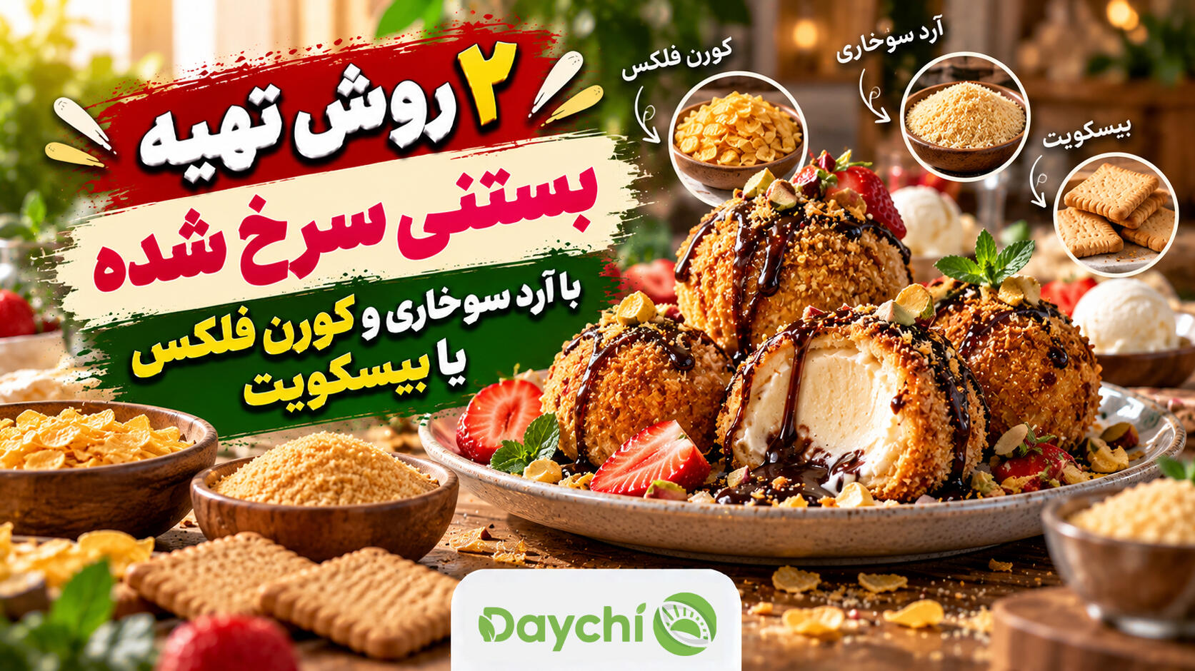 ۲ روش تهیه بستنی سرخ شده با آرد سوخاری و کورن فلکس یا بیسکویت